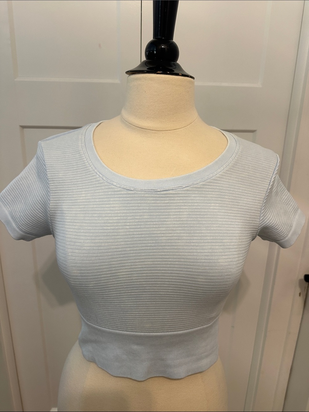 Ribbed Scallop-Hem Crop Top — Light Blue